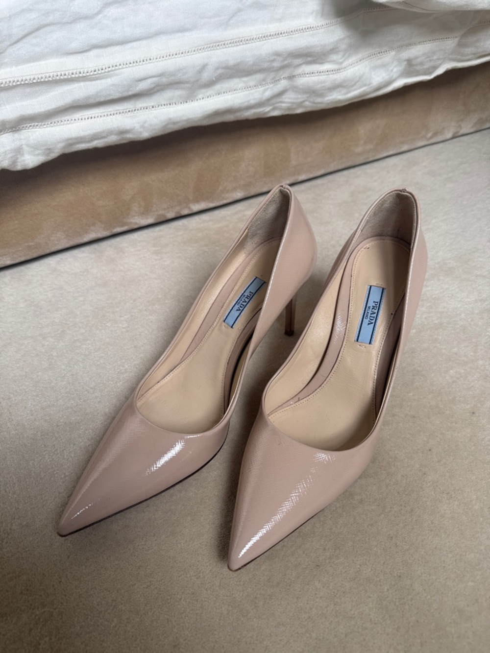 Prada Nude Patent Leather Pointed Toe Stiletto Pumps